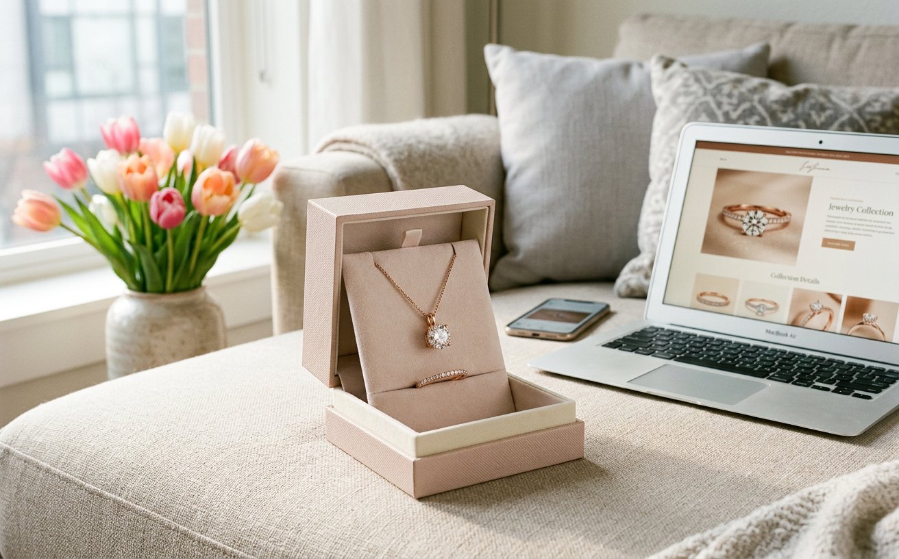 CaratLane campaign creative: Hero product still — delicate solitaire pendant and thin diamond band in an open try at home box