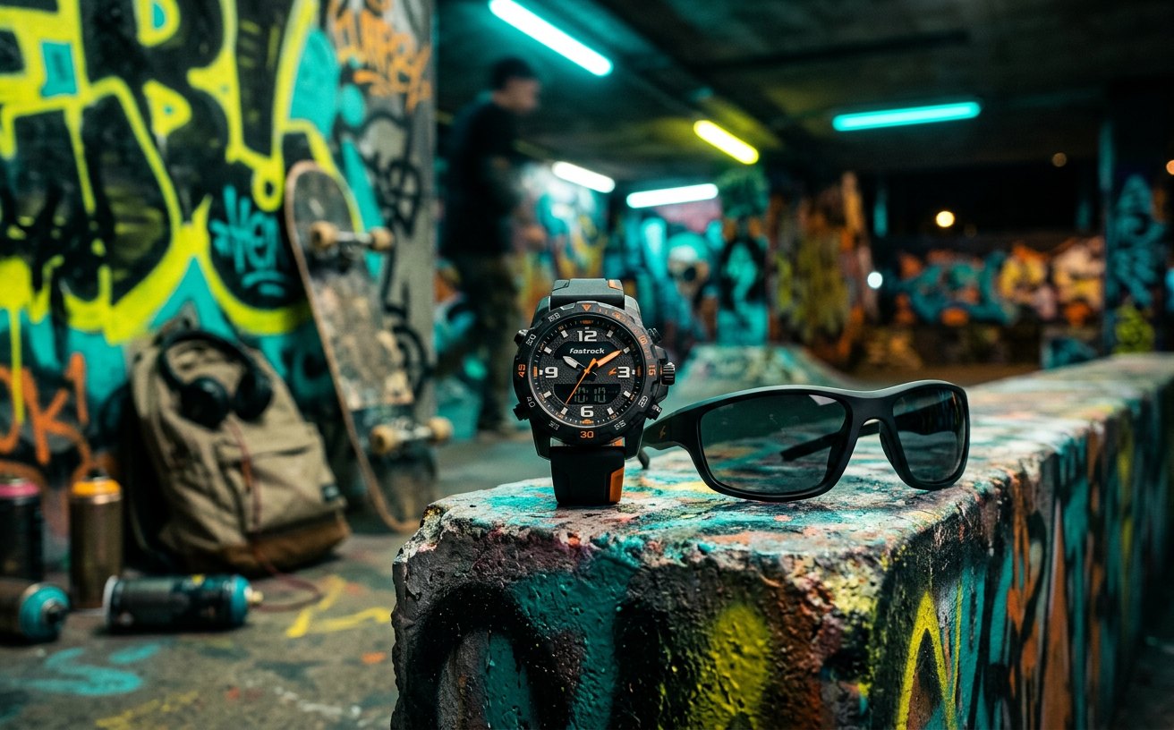 Fastrack campaign creative: Hero product still — bold Fastrack watch and sunglasses on a graffiti ledge