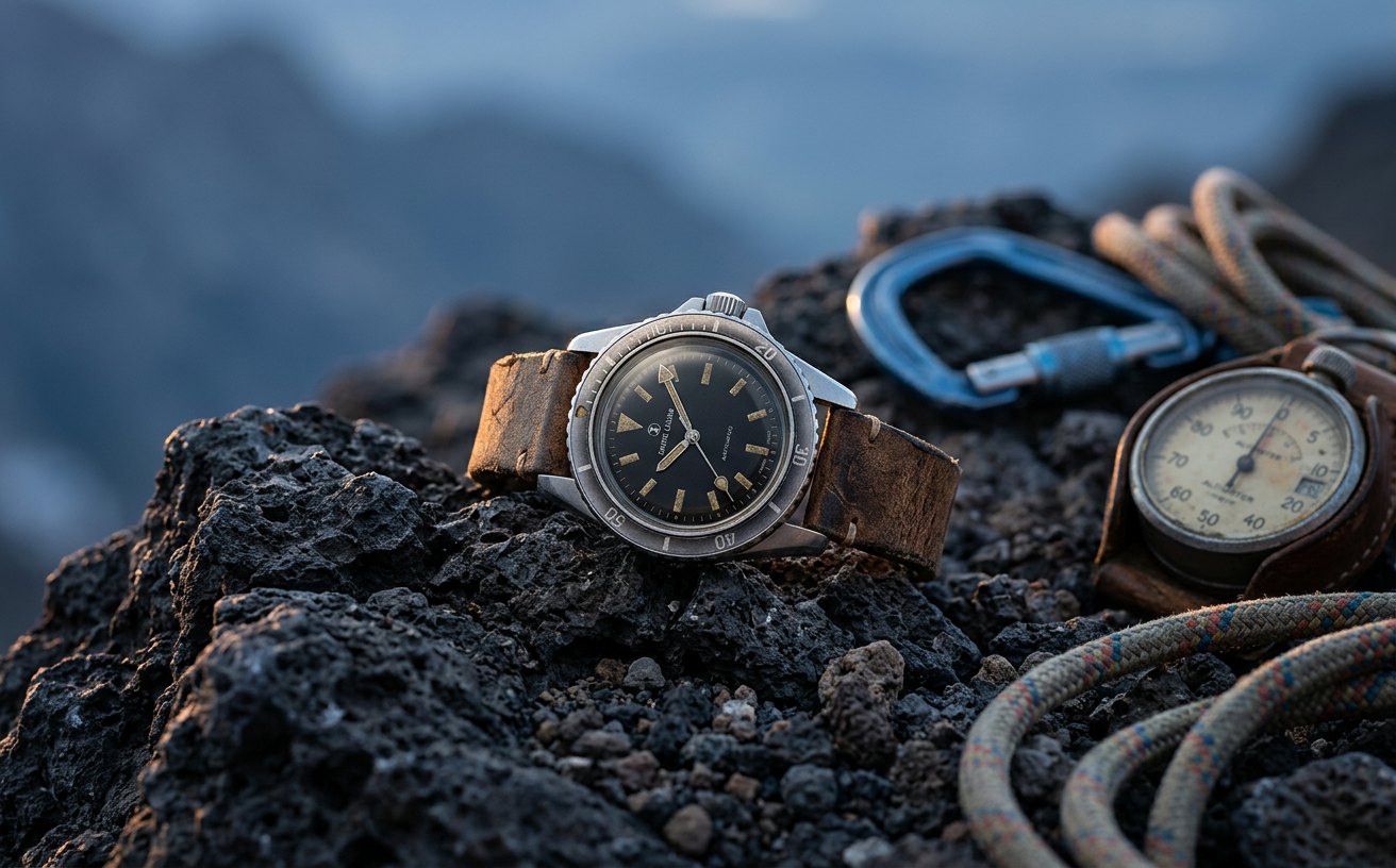 Favre Leuba campaign creative: Hero product still — heritage Swiss Favre Leuba dive watch on volcanic rock