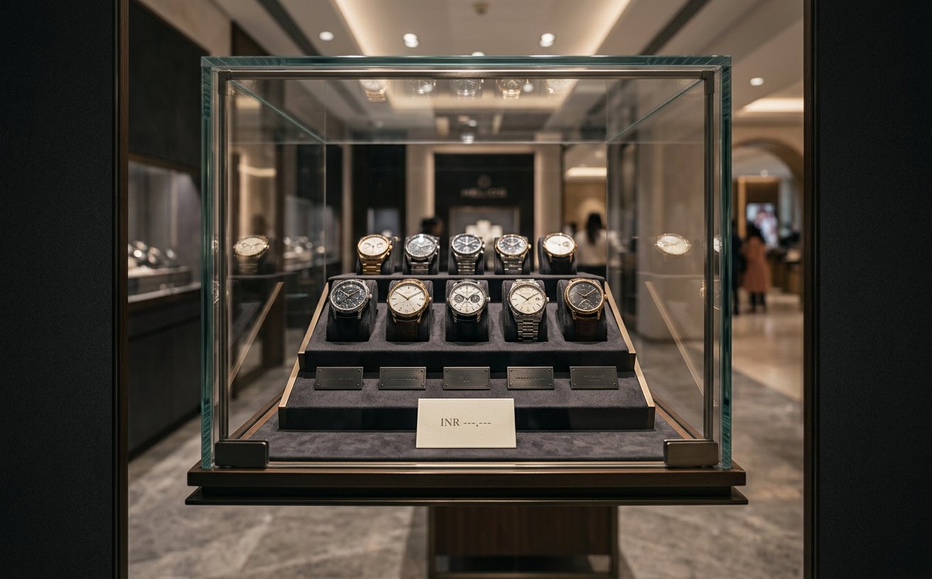 Helios campaign creative: Hero product still — wall of international watch brands behind glass