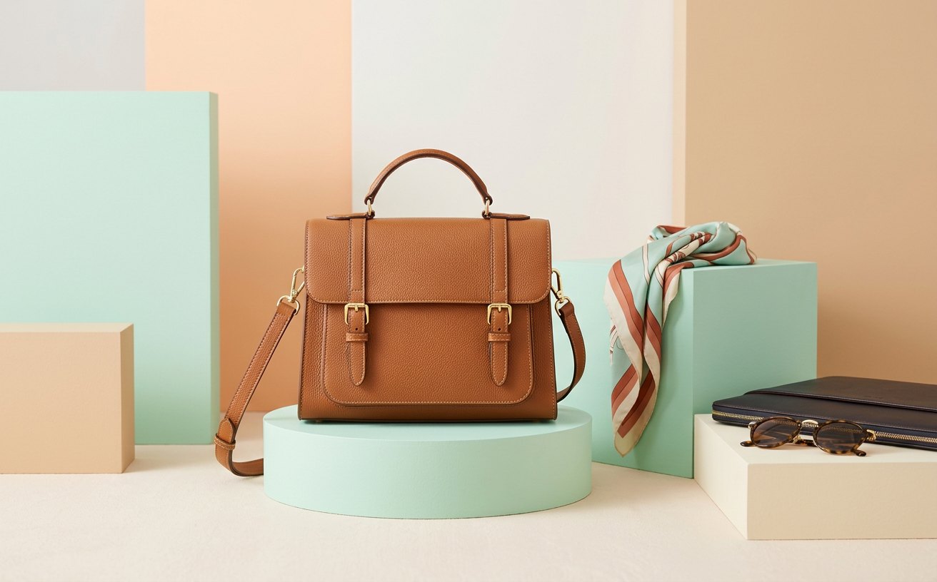IRTH campaign creative: Hero product still — structured IRTH handbag on a studio block