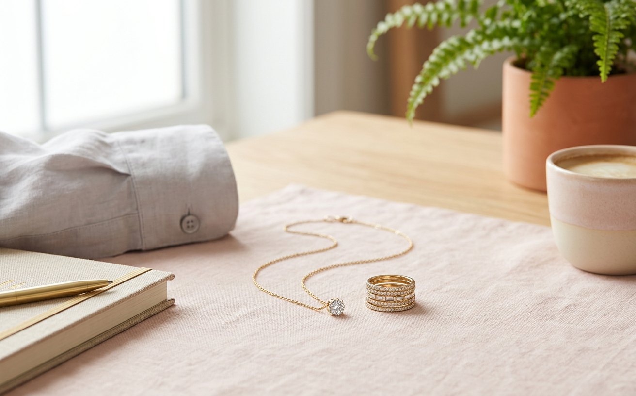 Mia by Tanishq campaign creative: Hero product still — slim 14kt gold and diamond office pendant with stackable rings
