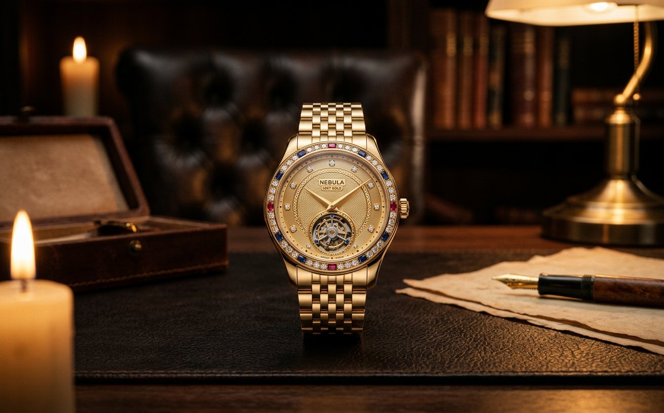 Nebula campaign creative: Hero product still — 18kt solid gold Nebula watch with a jewelled bezel