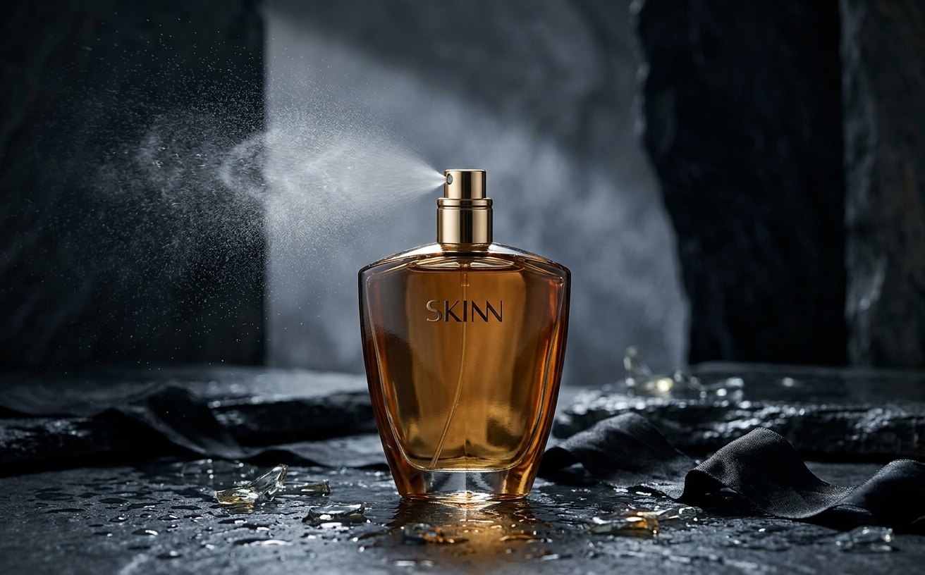 SKINN by Titan campaign creative: Hero product still — glass SKINN perfume bottle with the mist caught mid air