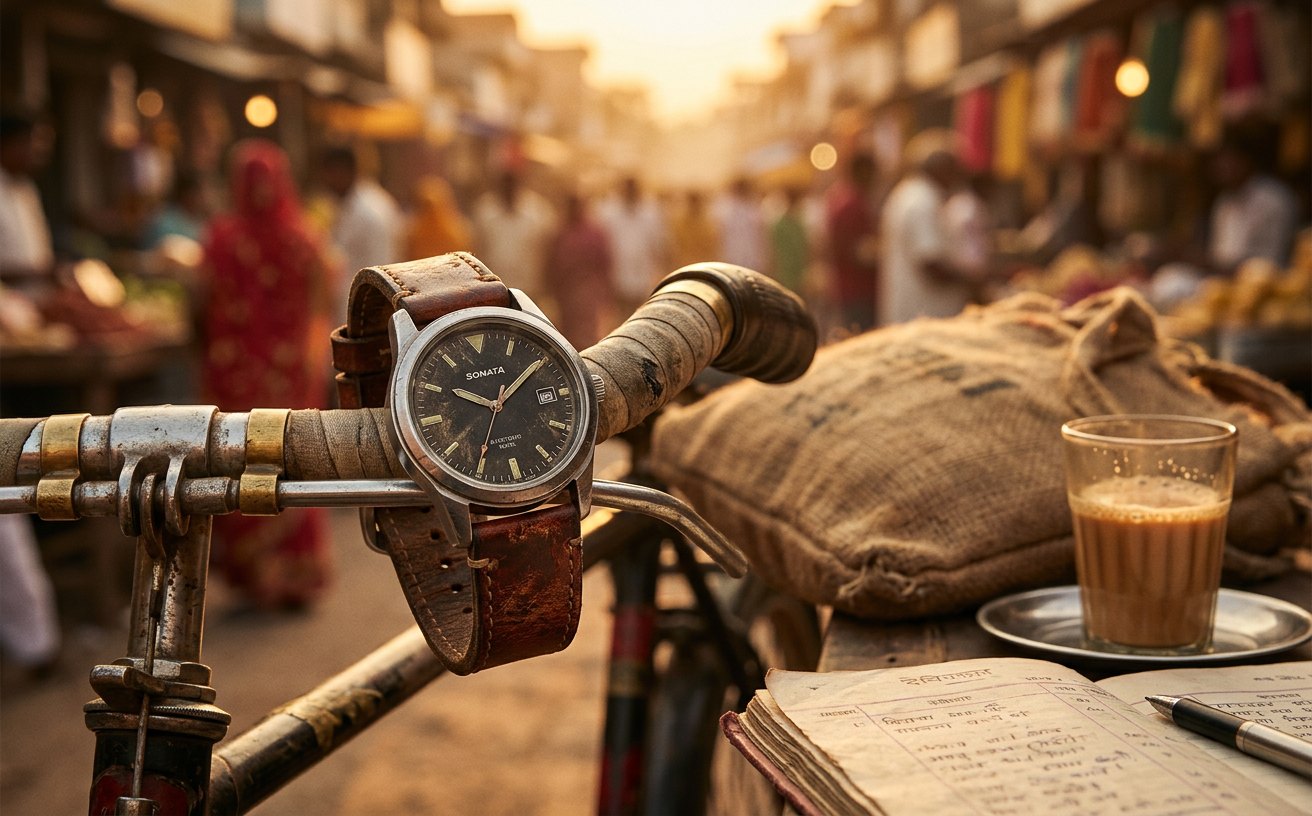 Sonata campaign creative: Hero product still — rugged everyday Sonata watch on a worn strap