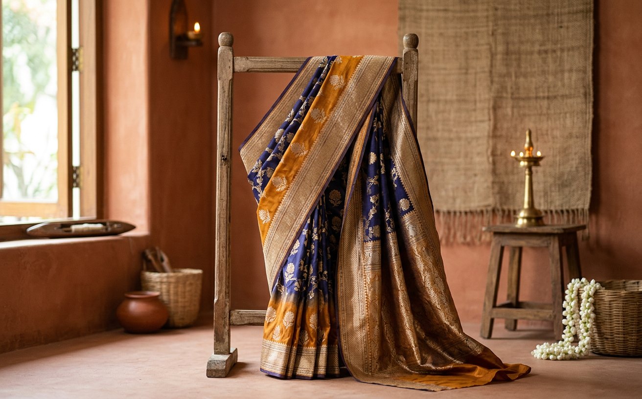 Taneira campaign creative: Hero product still — handwoven Banarasi silk saree draped on a wooden stand