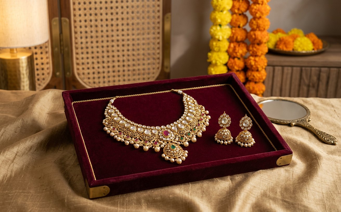 Tanishq campaign creative: Hero product still — bridal gold and polki necklace with matching jhumkas