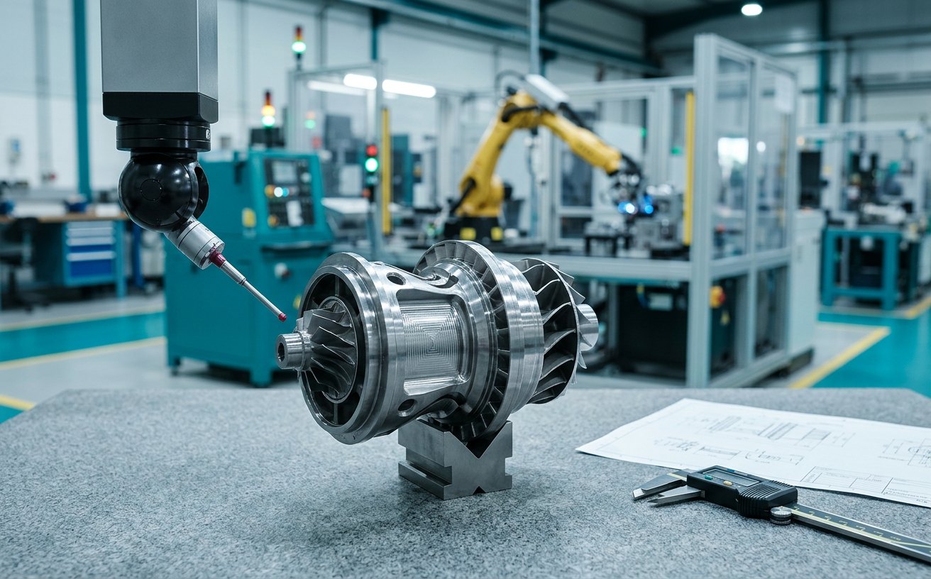Titan Engineering & Automation campaign creative: Hero product still — precision machined aerospace component on a metrology bench