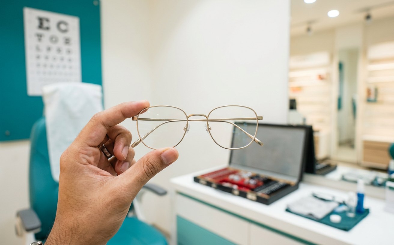 Titan Eye+ campaign creative: Hero product still — pair of thin metal spectacles held to camera in a fitting room