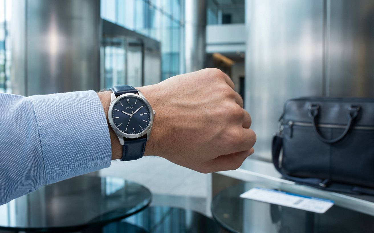 Titan Watches campaign creative: Hero product still — slim steel and leather analogue Titan wristwatch on a wrist
