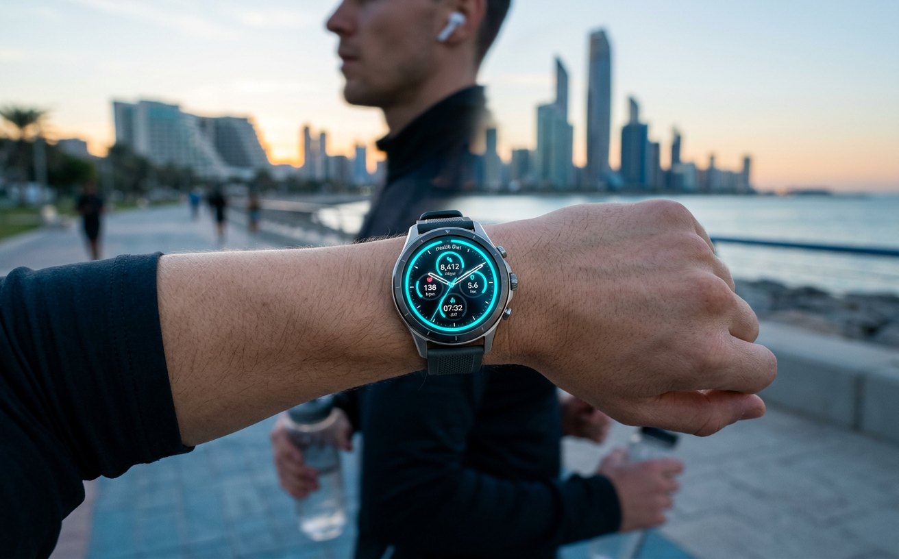 Titan Smart campaign creative: Hero product still — Titan smartwatch showing a bright health dial on a wrist
