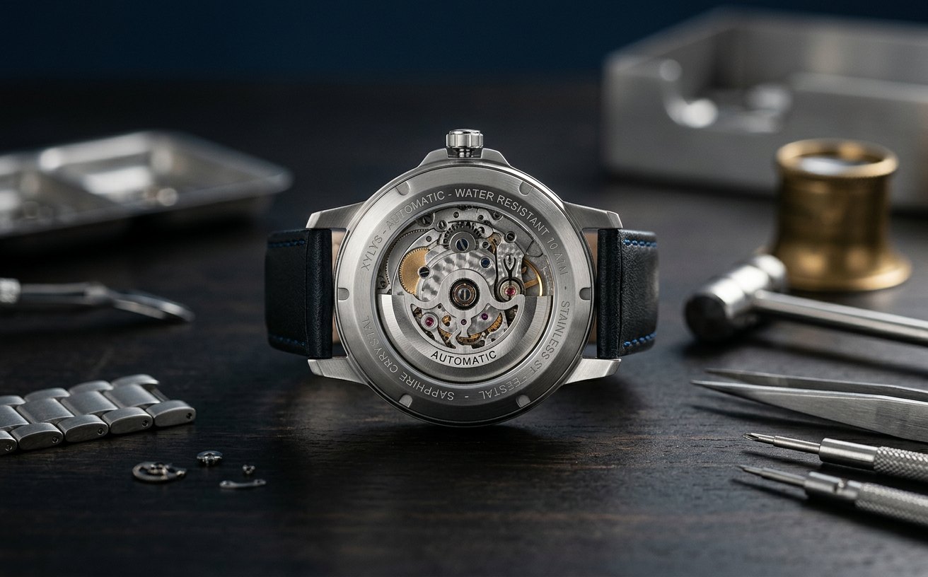Xylys campaign creative: Hero product still — automatic Xylys watch with an exposed skeleton caseback