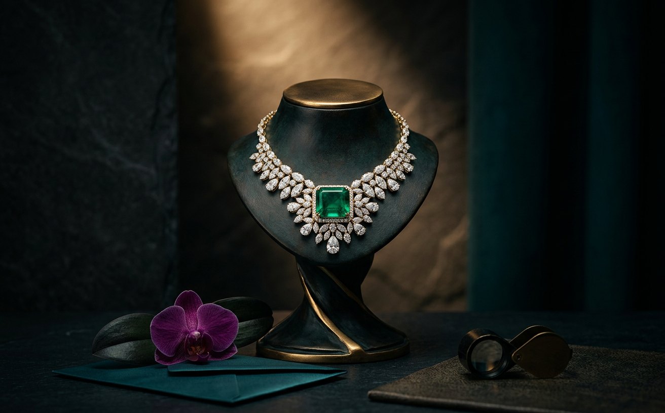 Zoya campaign creative: Hero product still — rare emerald and diamond high jewellery piece on a sculptural stand